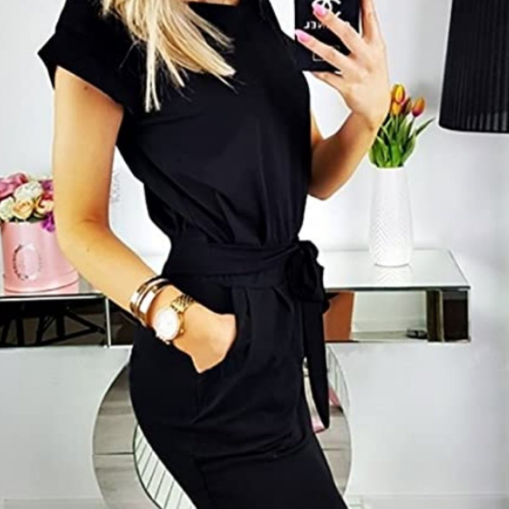 PRETTYGARDEN, Crew neck, Belted Office Dress, Black, Short Sleeve, Size M, NWT